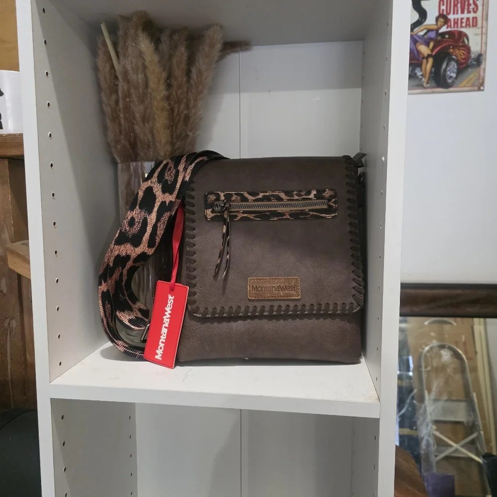 Montana West Brown Messenger Bag with Leopard Accent